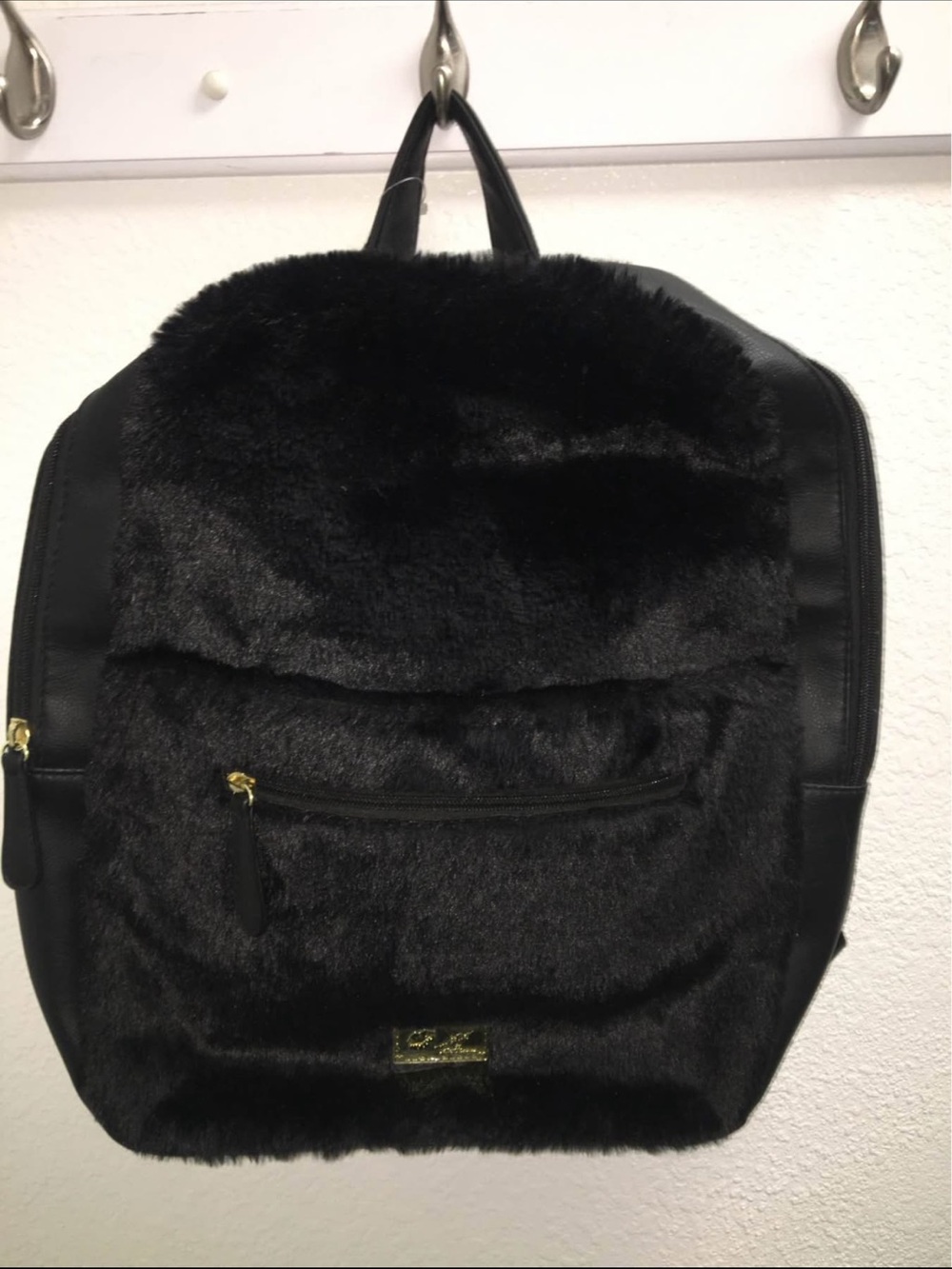 Faux Fur Black Backpack with Gold Accents